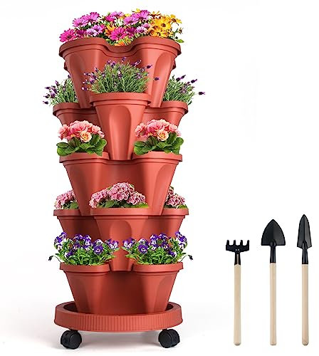 Stapelbarer Pflanzkasten mit 5 Etagen, abnehmbaren Rädern und Gartenwerkzeugen, Pflanzturm für den Garten, Pflanzgefäße für den Innen- und Außenbereich, vertikaler Pflanzkasten für den Garten (rot)