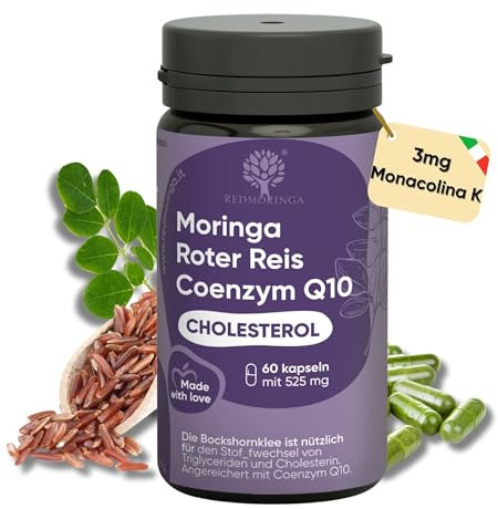 Redmoringa - NUOVA FORMULA Riso Rosso Fermentato e Moringa Bio con 3 mg di Monacoline, 50 mg di Coenzima Q10 e 5% di acido clorogenico da estratto di carciofo - 60 capsule made in Italy