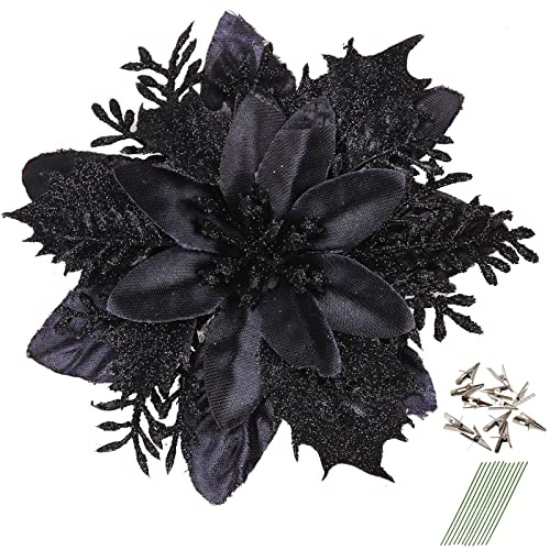 GREENTIME Lot de 12 étoiles de Noël scintillantes de 14 cm, fleurs artificielles de Noël avec clip, tiges, ornements d'arbre de Noël, pour le Nouvel An, les fêtes, les escaliers, la cheminée, le