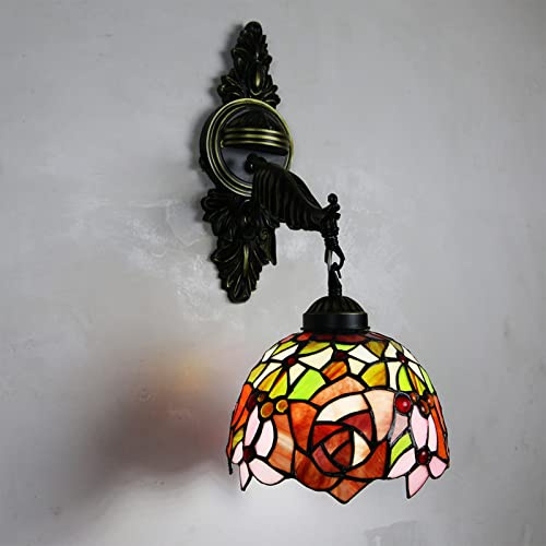 Tiffany Art Glass Vägglampa, Röd ros och fjärilsmönster, Handgjord Uplighter Skärm, Barockstil, för sovrum Kök Vardagsrum Dörröppningsbelysning Vägglampa (Color : H)