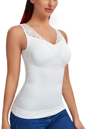 SLIMBELLE Camisola de Compresión Mujer Camisetas Moldeadoras Reductoras Chaleco Moldeador Lencería Control de Barriga Camisetas Interior Sin Costuras Shapewear lace Tank Top con Sujetador Blanco S
