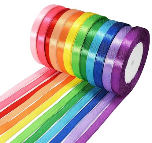 Bright Creations 12 Rolls Satin Ribbon, 300 Yards Silk Satin Roll, Double Sided Satin Ribbon, 10mm Embellish Decorative Ribbons for Gift Wrapping, Crafting, Balloons, Wedding, Hairs, DIY, Bouquet