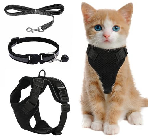 Kitten Geschirr Mit Reflektierenden Streifen, Schwarz Katzen Geschirrset, Polyesterfaser Katzengeschirr Kitten, Katzenleine Mit Geschirr Für Katzen, Katzengeschirr Für Klein Mittel Kitten (S)