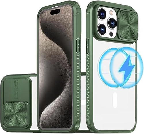 Cover per iPhone 13 Pro Custodia Magnetismo trasparente Protezione, Copri Fotocamera Scorrevole Ultra Sottile Rigida Hard Antiurto Antigraffio Antiscivolo Shockproof Protettiva Case verde