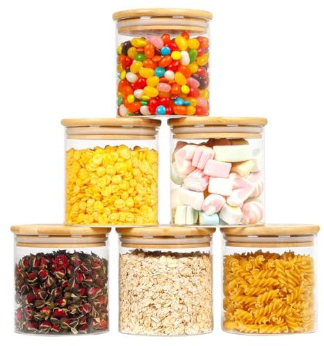 MUUKAIII Tarros de Cristal con Tapa Bambú, Juego de 6 Tarro de Vidrio de Almacenamiento Botes Cocina Almacenaje para Avena, Café, Judías, Té，Especias