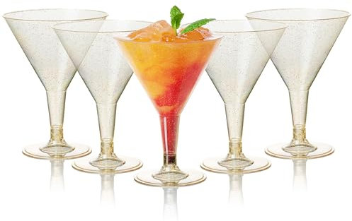 MATANA 48 Copas de Martini de Plástico con Purpurina Dorada, 210ml - Vasos de Plástico Reutilizables y Elegantes para Cócteles y Postres - Cumpleaños, Bodas, Fiestas