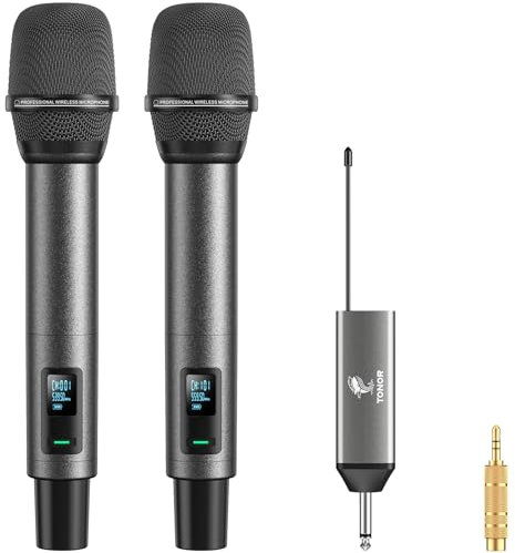 TONOR Microfono Inalambricos Karaoke Recargable UHF, 2x20 Canales Micrófono Dinámicos de Metal, Micrófono Inalámbrico Profesional para Cantar la Boda de la Iglesia con Volumen ajust, 80m, TW520