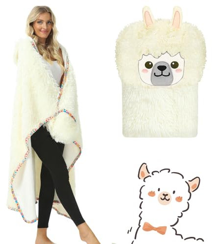 BOUFEIDA Plüsch Flanell Alpaka Decke, 183x124cm Alpakadecke mit Ärmeln und Kapuze, Flauschig Kuscheldecke Plüsch Alpaka Tiermuster Decke Ideal für den Hausgebrauch oder als Geschenk