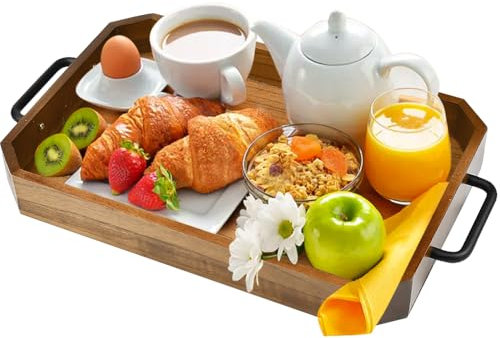 XRPRPX Serviertablett Holz Eckig, Holztablett Rechteckig Tablett Serviertablett mit Griff 39cm *26cm *5cm Küchentablett Holz Servierplatte Rechteckig mit Schrauben und Griff für Frühstück, Couchtisch