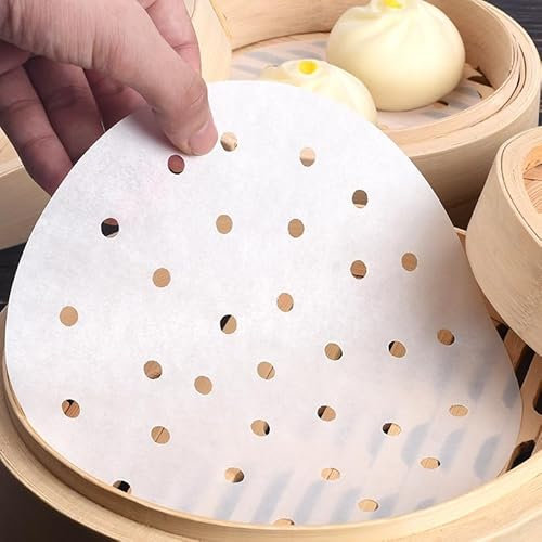 Dim Sum Lot de 200 feuilles de papier sulfurisé pour cuiseur vapeur en bambou, cuiseur vapeur Air Fryer Airfryer Liner, antiadhésif, papier sulfurisé rond perforé (17,8 cm)