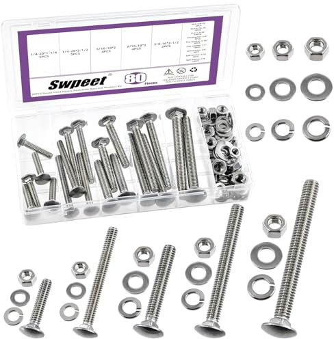 Swpeet 80Pcs 5 Sizes 1/4, 5/16, 3/8, Carriage Bolts Screws Nut Washer Assortment Kit, 304 Stainless Steel Round Head Square Neck Screws, Full Thread Carriage Bolts, Hex Nuts, Flat/Lock Washers