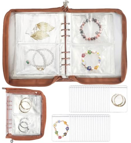 Jewelry Organizer Case Travel Jewelry Storage Bag Clear Jewelry Rolls (Light Brown,With 52 PCS Bracelet Pouches)