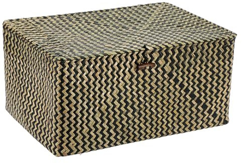 IGNPION Seagrass Storage Basket with Lid Woven Wicker Desktop Baskets Bathroom Organiser Box, Living Room Decorative Under Shelf Box Multipurpose Storage Hamper (XL, Natural&Black)