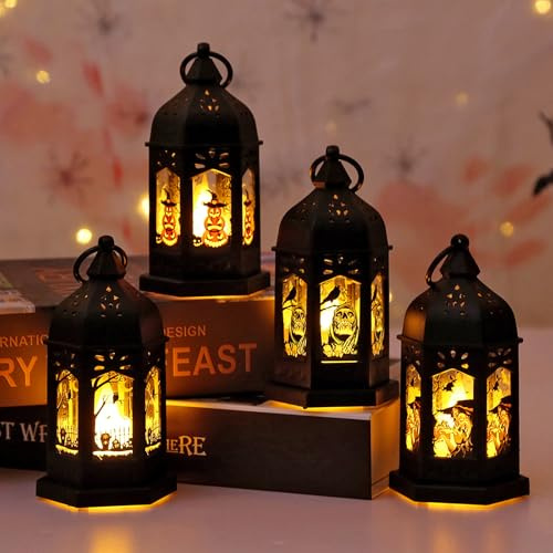 Lot de 4 Lanternes Halloween – Lanternes LED avec Motifs Citrouille, Sorcière, Crâne et Hibou, Lampes Décoratives à Piles pour Intérieur et Extérieur, Table