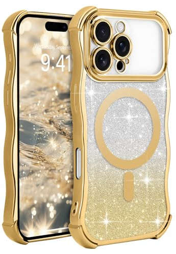 Wirvyuer for iPhone 16 Pro Max Curly Wave Frame Magnetic Case, Compatible with Magsafe with Removable Glitter Sparkly Card Cover, Clear Shockproof Anti-scratch Phone Case for Women Girls, Gold