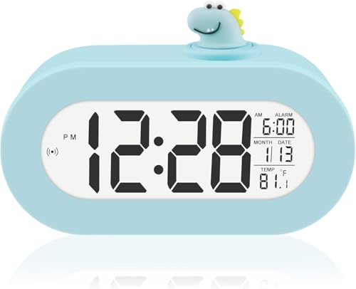 DTKID Sveglia Digitale per Bambini con Display Data e Temperatura, Funzione Snooze, Retroilluminazione Automatica, Formato 12/24 Ore, Adatta per Camerette, Alimentata a Batterie (Azzurro)