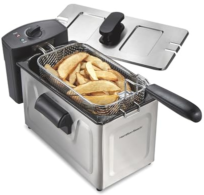 Hamilton Beach Family Style Electric Deep Fryer, Includes Frying Basket with Hooks, 1500 Watts, Easy Detach Magnetic Cord, 3 Liter / 12 Cup Oil Capacity, Stainless Steel (35220G)