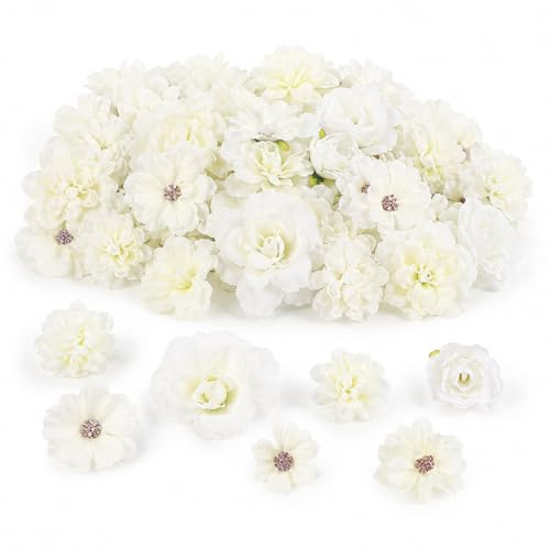 50-Piece Artificial Flowers Heads Silk Faux Fake Flower Small Artificial Silk Flowers for Decoration Craft Flowers for Party & Cake Topping Ready-to-Use Faux Flowers for DIY & Gift Wrapping (White)