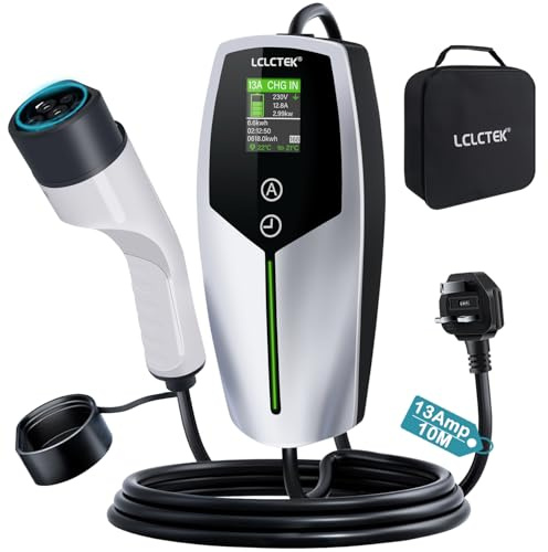 LCLCTEK® 3KW EV Charger Cable Type 2 to 3 Pin Plug 32Ft/10M,Portable UK 3 Pin EV Charger,Electric Car Charger [6/8/10/13A],Car-Charger with LED Display, IP65 Waterproof,Type 2 Cable EVs and PHEV