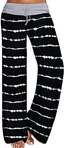 AMYTIS LINGERIE Damen Yoga-Hose Schlafanzughose weich Pyjamahose Fitness Lange Stretch Drawstring Hosen Freizeithose Strandhose Weites Bein Hose,BLACK#0625,L