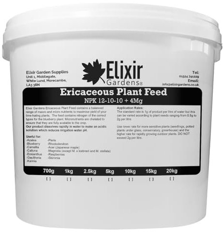 Elixir Gardens Soluble Ericaceous Fertiliser/Feed | Azalea, Rhododendron, Acer, Magnolia & Camellia Plant & Shrub Food | NPK: 12-10-10 + 4 | 20kg Resealable Tub