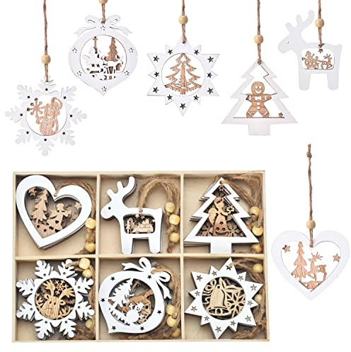 IDATOO Christmas Tree Ornaments Set of 24 Wooden Craved Hanging Craft Decorations for Winter Wonderland, 3D Rustic Farmhouse Christmas Ornaments Holiday Decor for Christmas Tree Home Office (White)