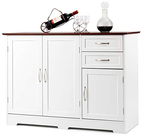 TANGZON Sideboard Storage Cabinet, Wooden Kitchen Cupboard with 3 Doors, 2 Drawers & Adjustable Shelf, Buffet Cabinet Organiser for Dining Living Room (100 x 40 x 78cm, White + Brown)