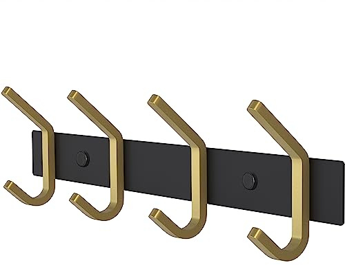 SAYONEYES Coat Rack Wall Mount – Black and Gold Hook Rail with 4 Double Coat Hooks, 12 Inch Stainless Steel Wall Hooks for Entryway, Bathroom, Bedroom, Closet, Towel, Hat, Bag, Heavy Duty Organizer
