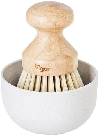 Vigar - Cepillo Lavaplatos con Dispensador de Jabón - 9 x 9 x 12 cm - Modelo Vintage - Cepillo Frega Platos de Mano - Mango de Bambú - Cómodo y Práctico - Limpia sin Rayar - Gris