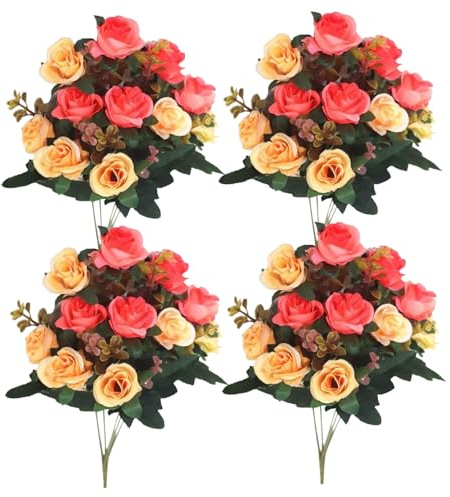 4 mazzi di fiori di cimitero del cimitero di rose finte per tomba, 11,8 '' fiori artificiali per tombe 12 fago fiori di seta fiori commemorativi per tomba decorazione del cimitero di vaso aranci