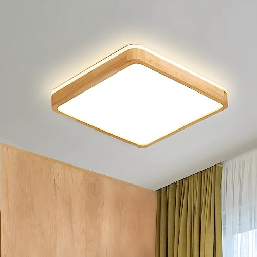 WayLuoung Plafoniera LED In Legno | Ø30cm 3000K 1620Lm 18W | Lampada Soffitto Quadrata In Legno Naturale Con Luce 360°, Camera Letto Soggiorno Cameretta Dei Bambini Cucina Sala Pranzo (Bianco Caldo)