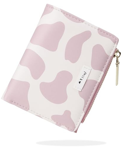 conisy Süß Geldbörse Damen Klein, Bifold Leder Portemonnaie Damen mit RFID Schutz, Geldbeutel Mädchen mit Reißverschluss Münzfach (Kuh Rosa)