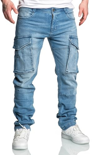 EGOMAXX Men's Cargo Jeans Loose Fit 5-Pocket Stretch A&S, Couleurs:Bleu-Clair, Taille de Pantalon:32W