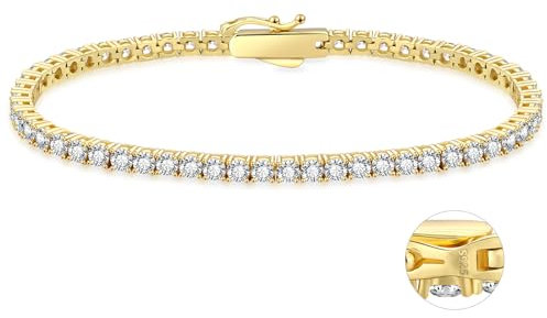KRKC&CO Tennisarmband Silber 925 für Damen, 3mm Tennis Armband 14K Gold beschichtet, Zirkonia Kristall Armband Iced Out, Geburtstag Geschenk für Frauen Mädchen [Größe 17,8cm]