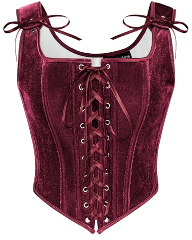 Scarlet Darkness Renaissance Corset Tops for Women Pirate Lace Up Overbust Velvet Bustier Bodice Wine Red Size 14