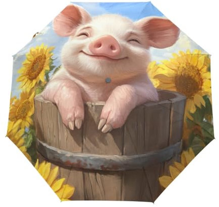 GAIREG Cartoon Pig in Barrel Travel Umbrella for Rain Small Compact Portable Folding Auto Open Umbrellas