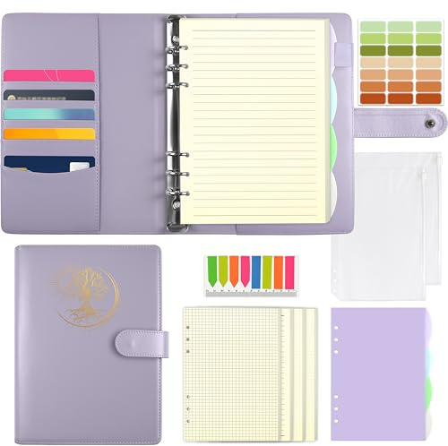 Qefuna A5 Carpeta de anillas, cubierta de PU con motivo del Árbol de la Vida solar grabado en papel de aluminio, libreta con 180 hojas de recambio, bolsillos y separadores,Morado