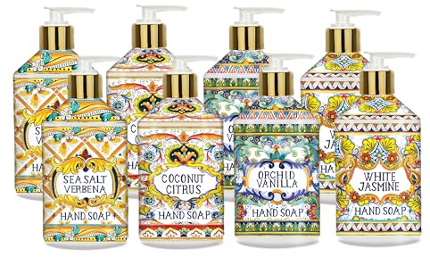 Villa Flora Hand Soap Set, 8 x 21.5oz bottles - Sea Salt Verbena, Coconut Citrus, Orchid Vanilla, and White Jasmine. Home and Body Company