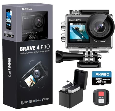AKASO Brave 4 Pro Action Cam 4K 40M avec carte mémoire U3 256 Go, caméra 20 MP WiFi 170 ° Grand Angle Double Écran Stabilisation EIS Écran Tactile, Zoom 5X