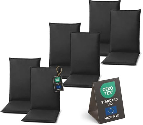 Pillows24 - Hochlehner Auflagen 6er Set - 120x50cm – 8cm Dick - Premium-Material 200gsm, UV- & Wasserabweisend | Sitzauflagen - Sitzkissen Gartenstuhlauflagen - Gartenmöbel & Gartenstuhl | Graphit