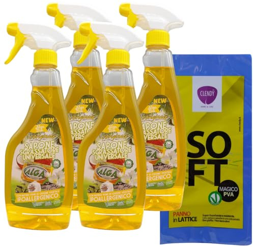 Sapone Ecologico: Sgrassatore Adatto per tutte le Superfici Lavabili, Ottima Azione Detergente, Concentrato, Delicato e Biodegradabile, 500ml + OMAGGIO 1 Panno in Lattice (4 Flaconi + 1 Panno)