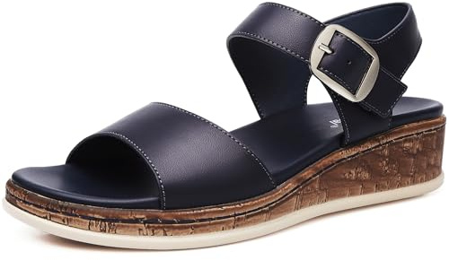 DimaiGlobal Sandalias Mujer con Punta Abierta y Cuña de Verano para Caminar Sandalias con Plataforma Soporte Plantar y Ajuste Seguro con Hebilla 39EU Azul