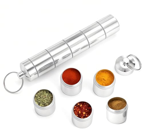 FDHBDF Kryddströare camping 5-i-1, mini kryddburkar av aluminium, mini saltströare för resor med rengöringsborste kryddströare vattentät, bärbar för resor, picknick, BBQ
