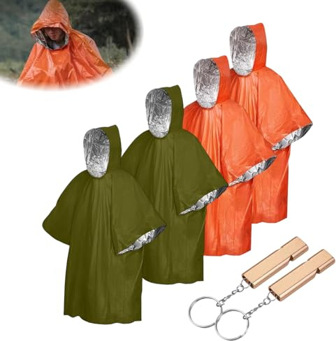 4 stycken nödfallsöverlevnadsponcho nödfall regnponcho med huva och 2 signalvisselpipa termisk räddningsfilt bivacksäck vattentät värmefilt nödsovsäck för camping, vandring utomhus nödsituationer
