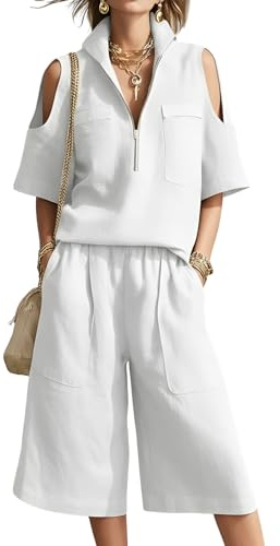 amropi Completo Estivo 2 Pezzi Donna Camicia a Maniche Corte Spalle Scoperte con Scollo a V Cerniera e Pantaloni Cropped a Gamba Larga Set Casual Tuta Bianco, M