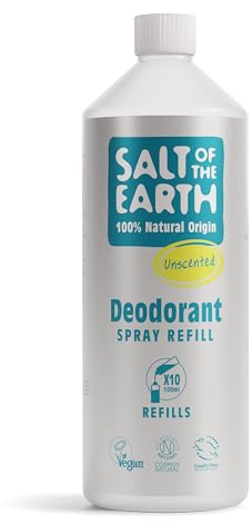 Salt Of the Earth Naturlig deodorantspray, påfyllningspack, luktfri, doftfri, vegansk, långvarigt skydd, Leaping Bunny godkänd, tillverkad i Storbritannien - 1 l | 1 000 ml flaska – spray x 10 påfyllningar, långvarigt skydd och vegansk formel, 100 % naturliga ursprungsingredienser