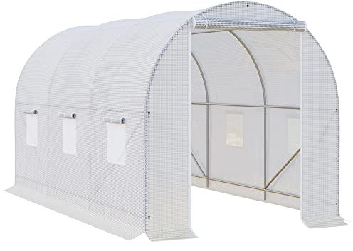 Outsunny Serre de Jardin Tunnel Surface Sol 7 m² 3,5L x 2l x 2H m châssis Tubulaire renforcé 18 mm 6 fenêtres Blanc