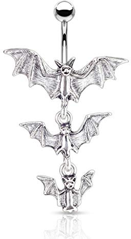 Pierced Owl Gothic Triple Vampire Bat Dangling Belly Button Ring (Silver Tone)