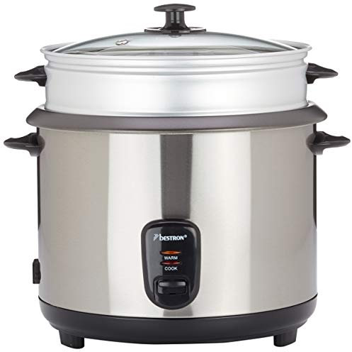 Bestron Olla Arrocera Grande con Recipiente de Cocción al Vapor y Función de Retención de Calor, 2,8 Litros, 1000 Vatios, Acero Inoxidable