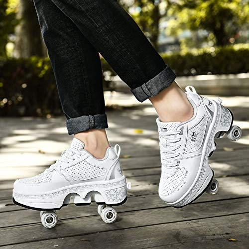 Inline-Skate, 2-in-1-Mehrzweckschuhe, Verstellbare Quad-Rollschuh-Stiefel,EUR34-White